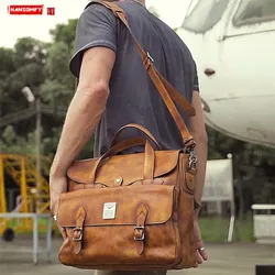 Bolso de mano de cuero de vaca para hombre, Maletín de negocios oficial, bolso de hombro para ordenador portátil, bolsos portátiles de viaje Retro, primera capa de cuero