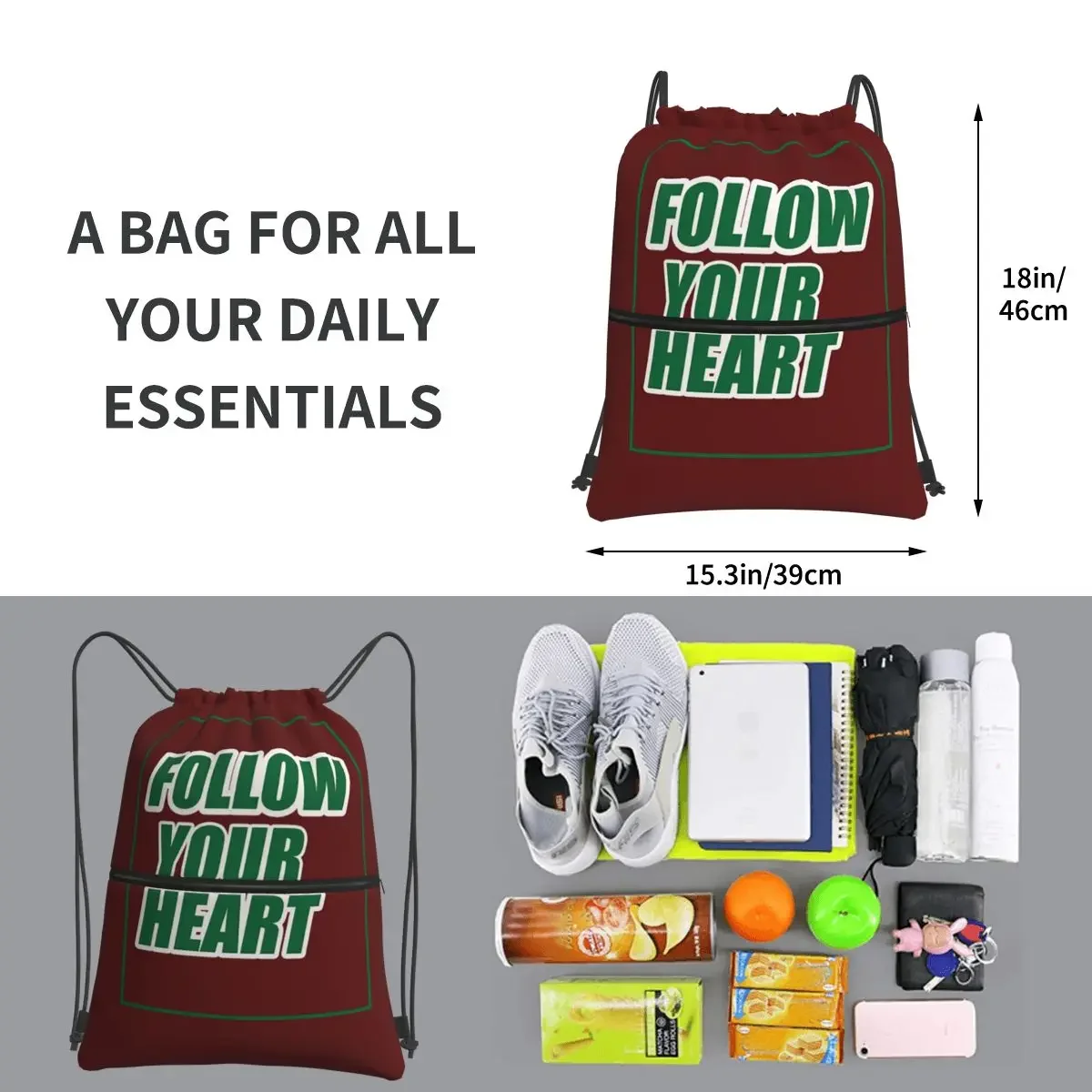 Follow Your Heart Portable Backpacks Drawstring Bag Casual Drawstring Bundle Pocket Book Bags For School Students