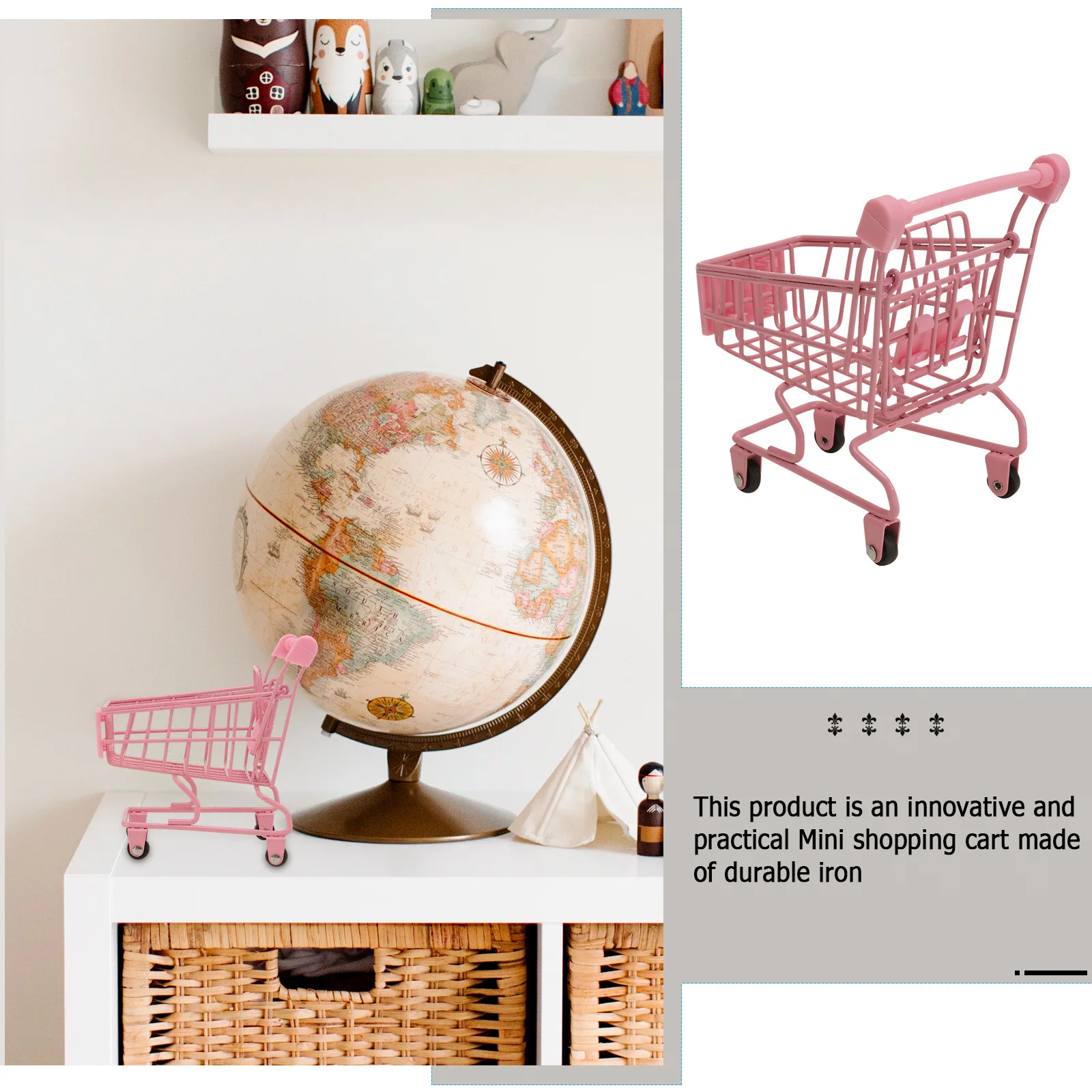 Mini Shopping Cart Trolly Ornament Storage Basket Desktop Organizer Girl Photo Prop Wheel Color Random