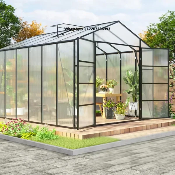 8*14ft  in Stock Polycarbonate Greenhouse with Strong Wind Protection and Roof Vent,Walk-in Large Aluminum Sunroom