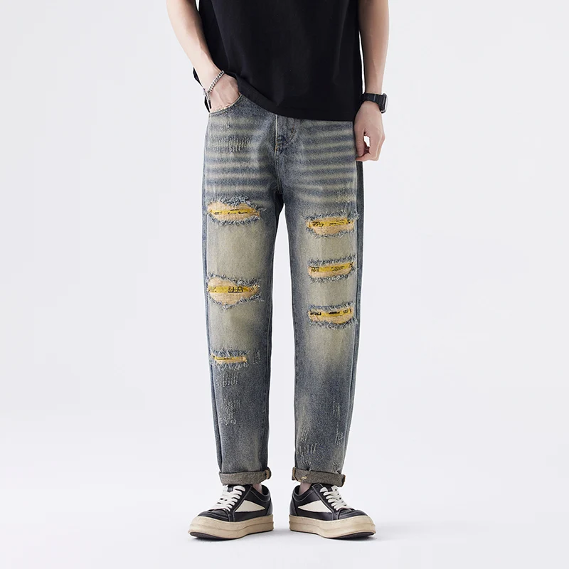 

New broken hole jeans men's vintage blue pants American high street casual Slim small straight pants man