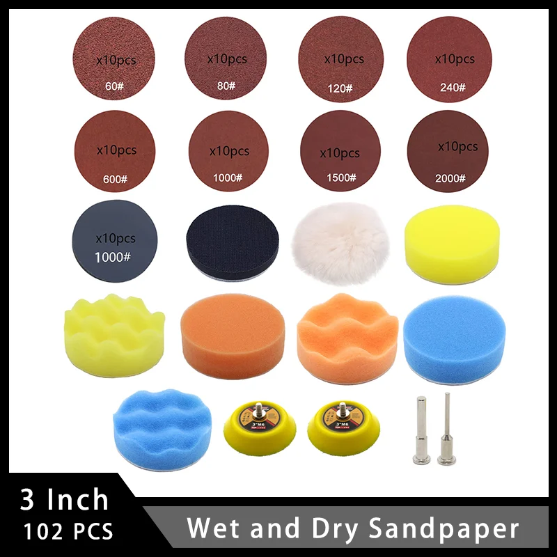 

3Inch Wet and Dry Sandpaper 102Pcs with Polishing Pads Sponge 1/8"&1/4" Backer Plate Shank Soft Foam Buffering Pad for Polishing