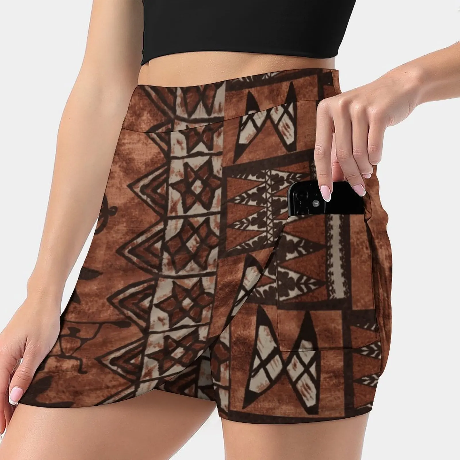 Vintage Hawaiian Tapa Traditional Women Mini Skirt Two Layers With Pocket Skirts Sport Fitness Running Skorts Tapa Hawaiian