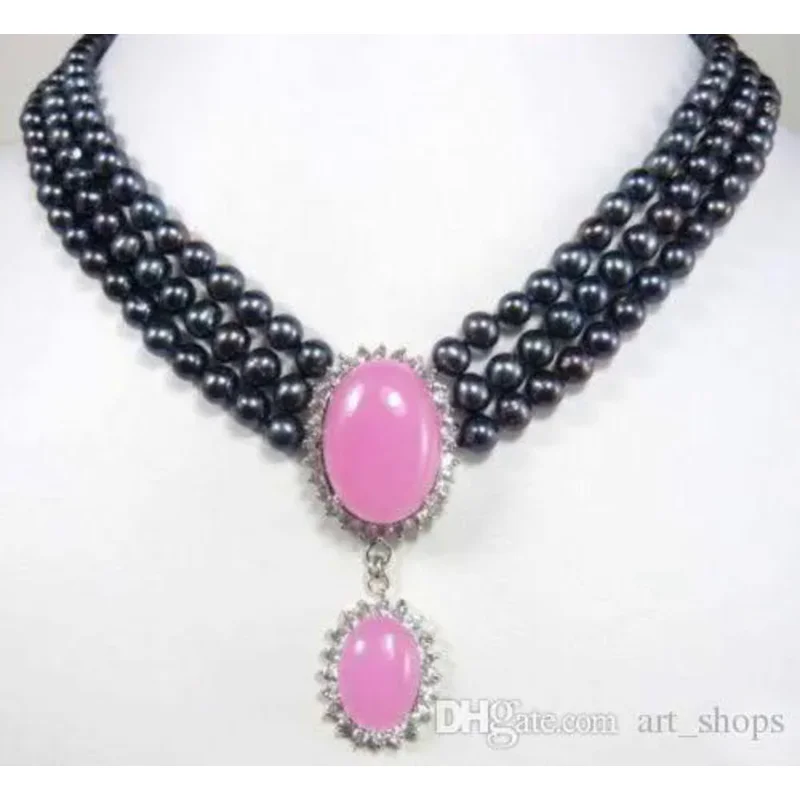 3rows 6-7mm bla Pearl & pink jade pendant nelace