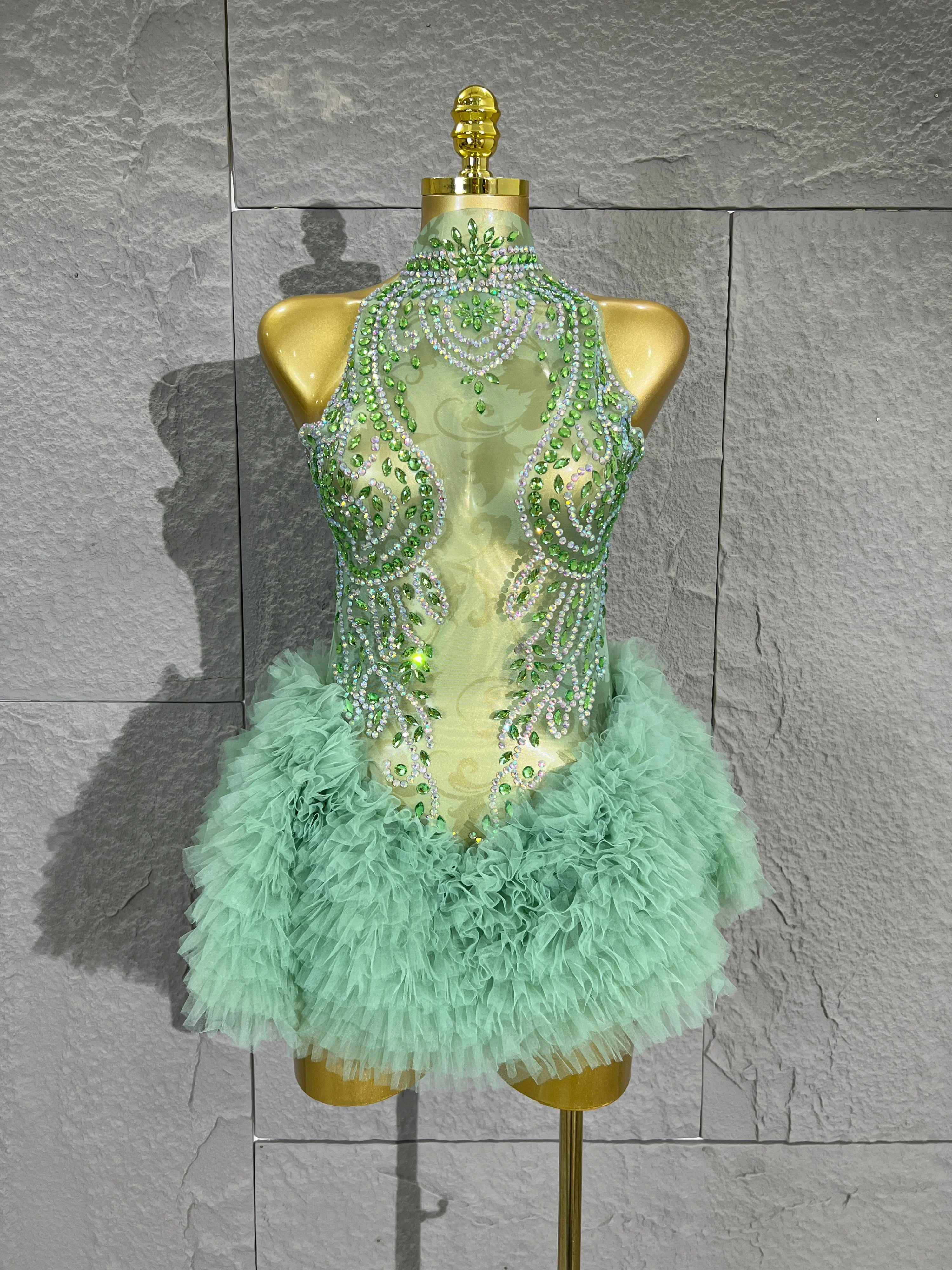 Women Sexy Green Rhinestone Mesh Bodysuit TulleRuffle Mini Skirt High collar Neck StagePerformance Dance Party dinner Costume