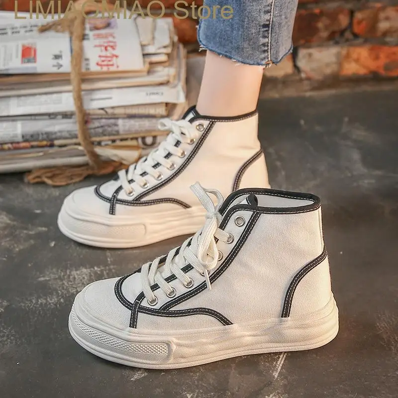 

New Pop Trend High Top Huge Head Casual Shoes Chic Retro Port Style White Shoes Lace Up Comfortable Women's Shoes