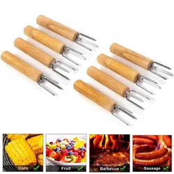 2/4 pcs Corn Holders Stainless Steel Wooden Handle Cob Skewers BBQ Anti Scalding Fruit Forks Outdoor Garden Picnic Cooking Tools