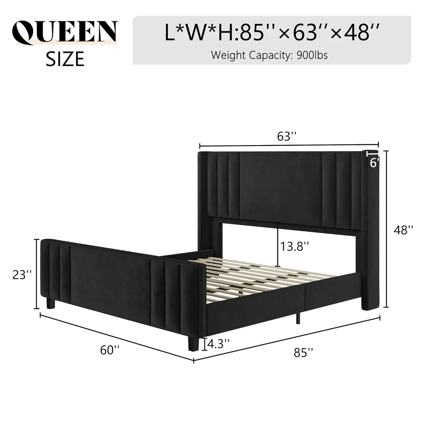 Queen Bed Frame with Vertical Channel Tufted Headboard & Footboard | Black Modern Velvet Upholstered Platform Bed,, Custom