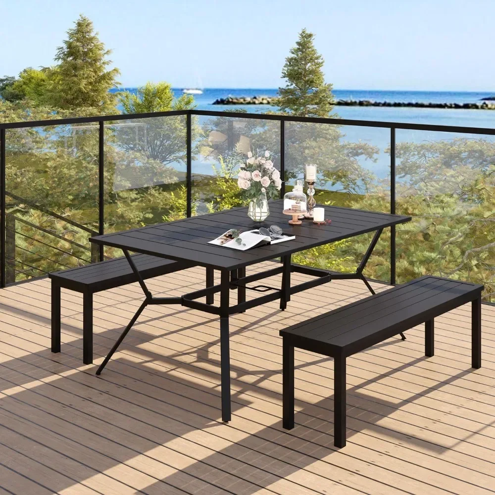 Outdoor Patio Table for 6 Person,Rectangle Outdoor Table, Patio Metal Steel Slat Table with  Outdoor Tables