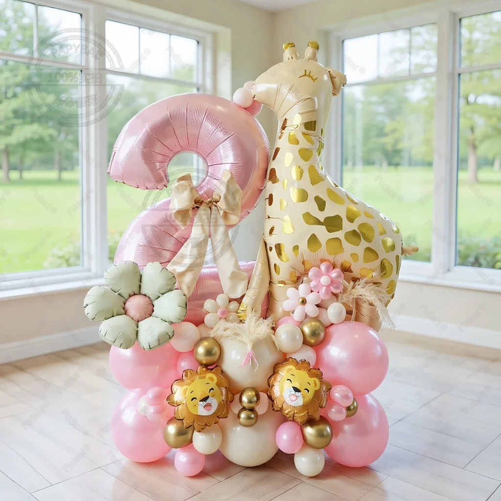 68-teiliges Cartoon Giraffe Löwe Gänseblümchen Ballon-Set Rosa Zahlen-Geburtstagsballons Tier-Themen-Party-Dekoration Taufzubehör