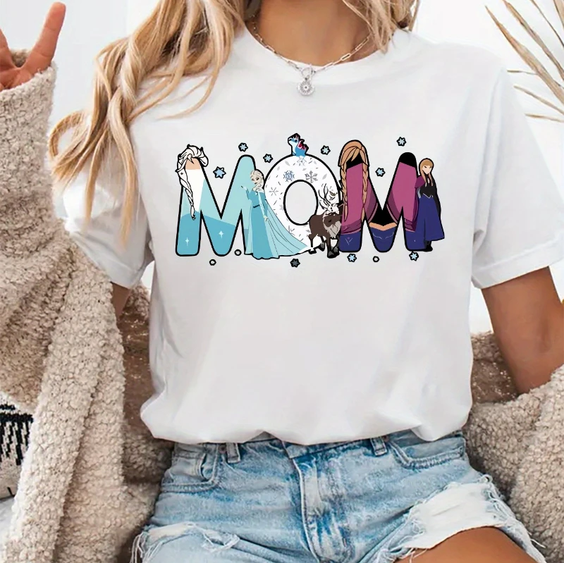 تي شيرت ديزني النسائي Best Mom Ever Frozen Elsa Anna Print Fashion كاجوال صيفي برقبة دائرية وأكمام قصيرة بلوزة رياضية فضفاضة