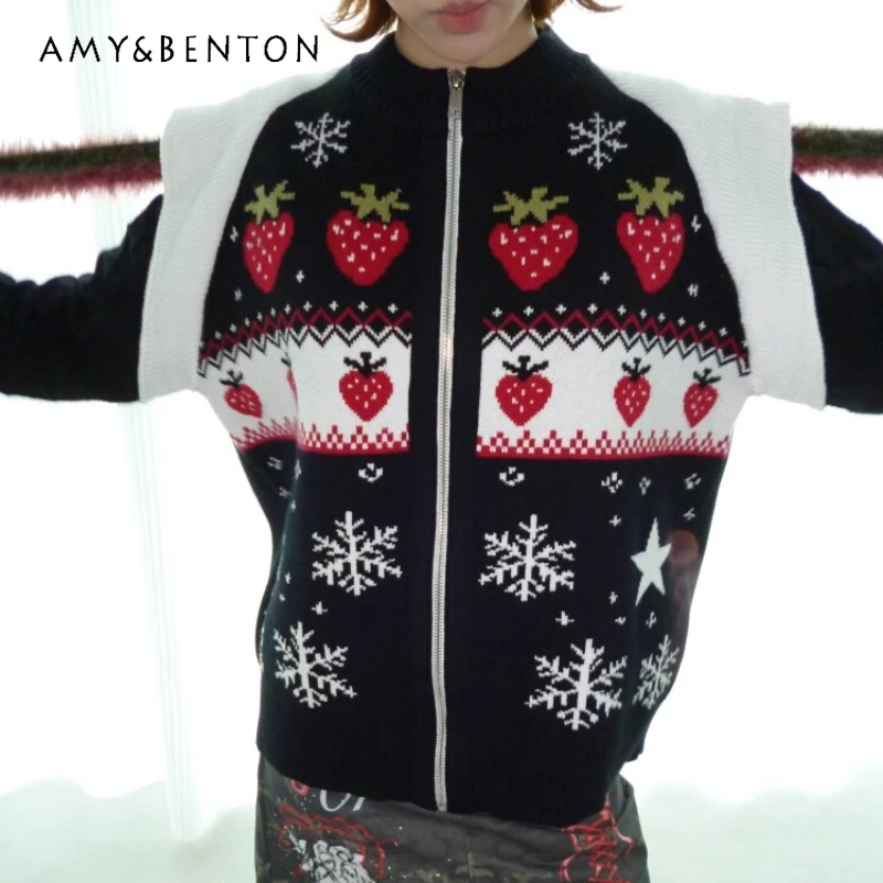 

Winter New Cute Jacquard Zipper Loose Thick Warm Women's Sweater Original Retro Design Versatile Slimming Cardigan Coat Ladies