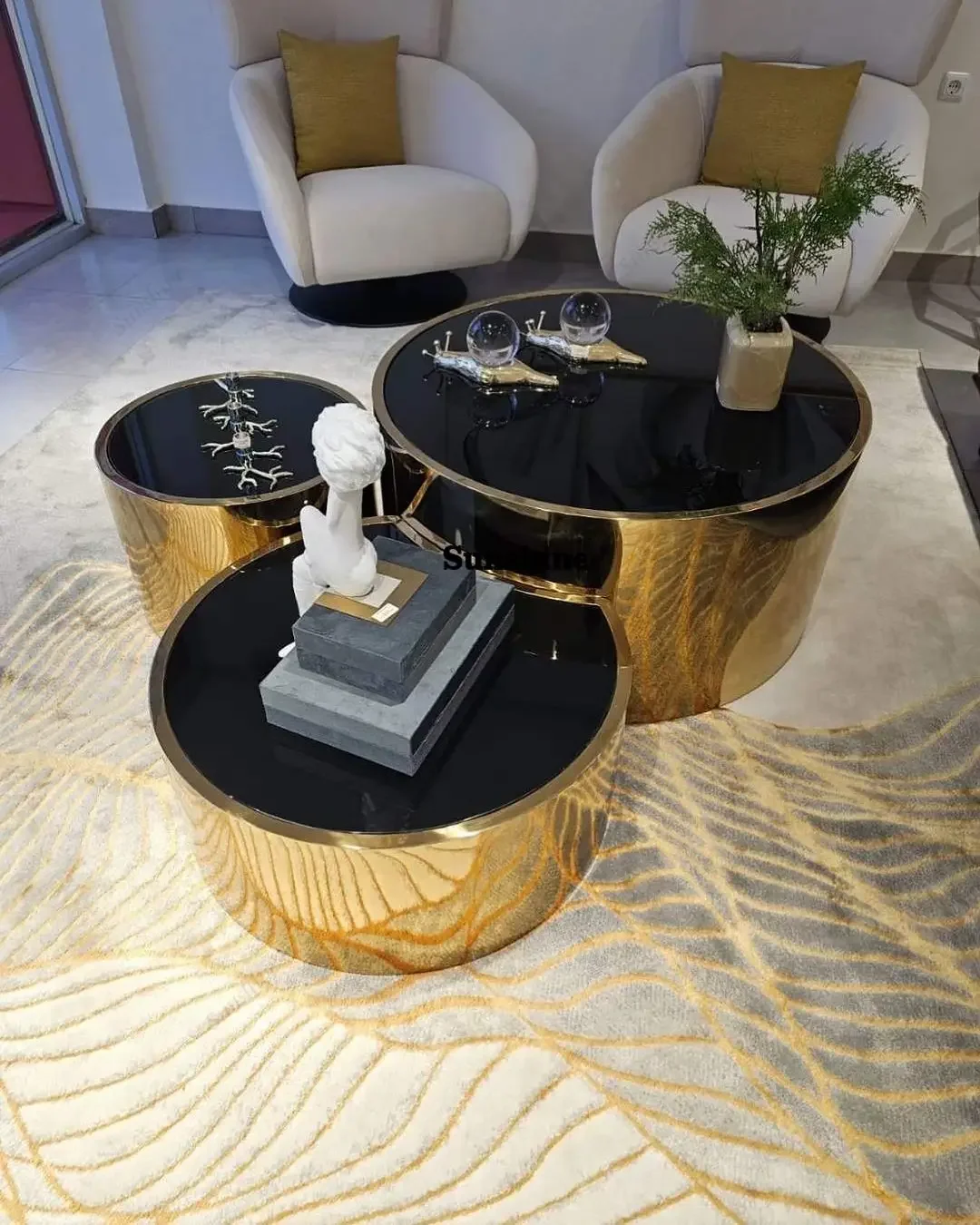 

Arrival Luxury Convertible 3-in-1 Coffee Table with Round Stainless Steel Base and Glass Top for Home & Hotel Use FT