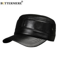 BUTTERMERE Men Military Hat Black Genuine Leather Flat Cap Beret Male Vintage Adjustable Army Cap Ivy Casual Autumn Captain Hat