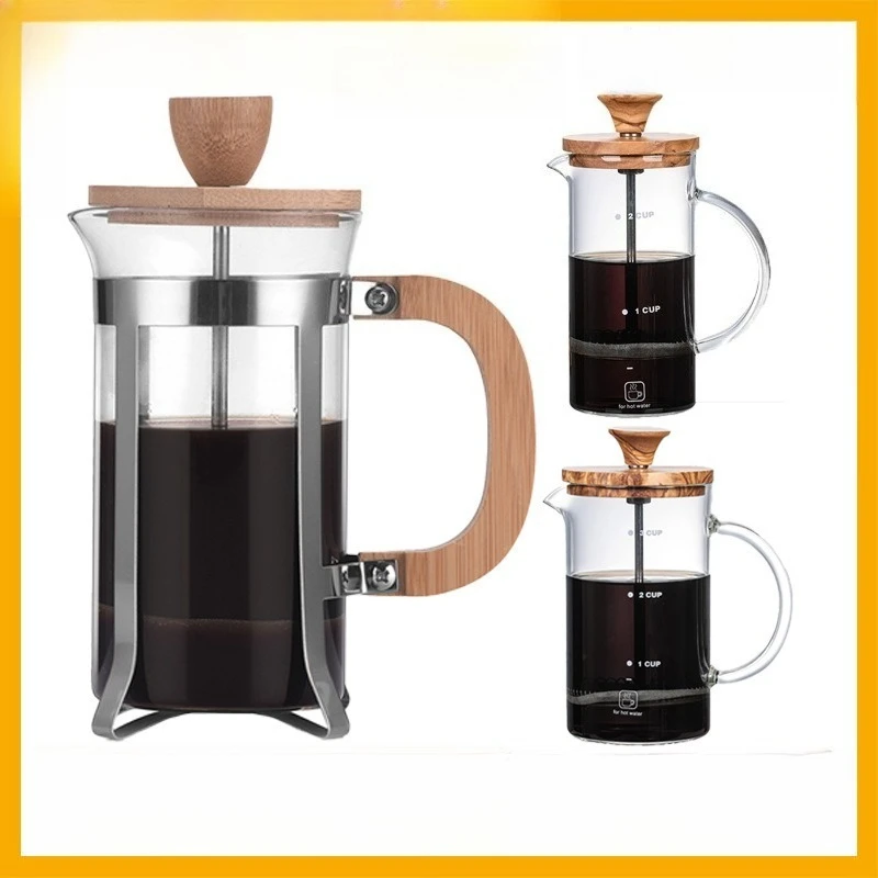 Small French Press Coffee Maker, 400ml Glass Coffee Pot with Wooden Handle, Portable Coffee Press for Travel, Camping, Home Use