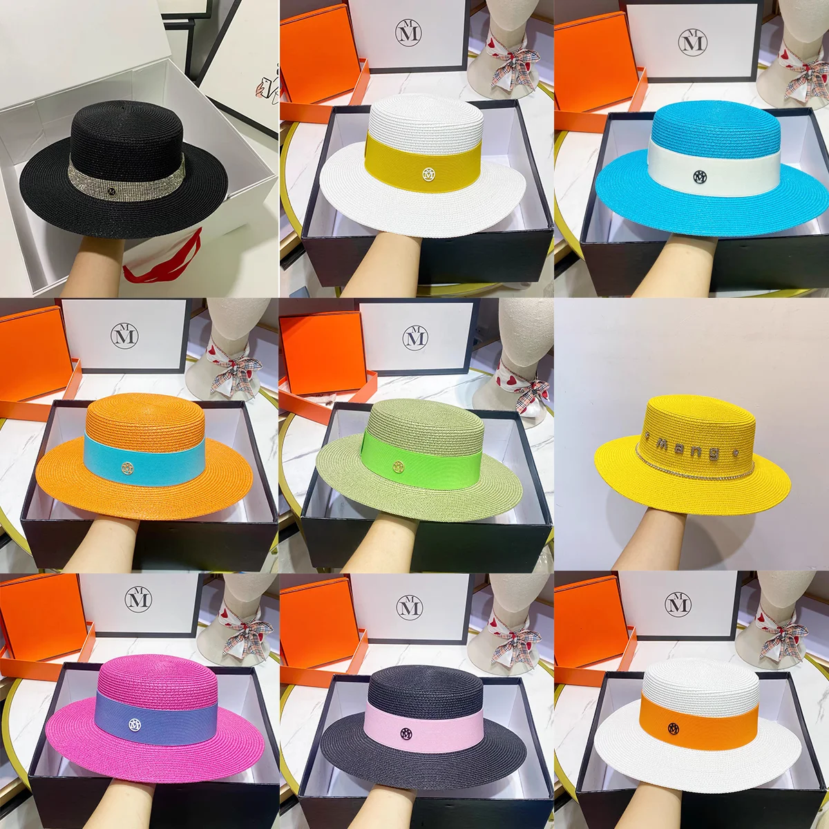 Summer sun hat flat top French straw hat elastic ribbon M letter decorative travel hat Sun hat wholesale  cap for women