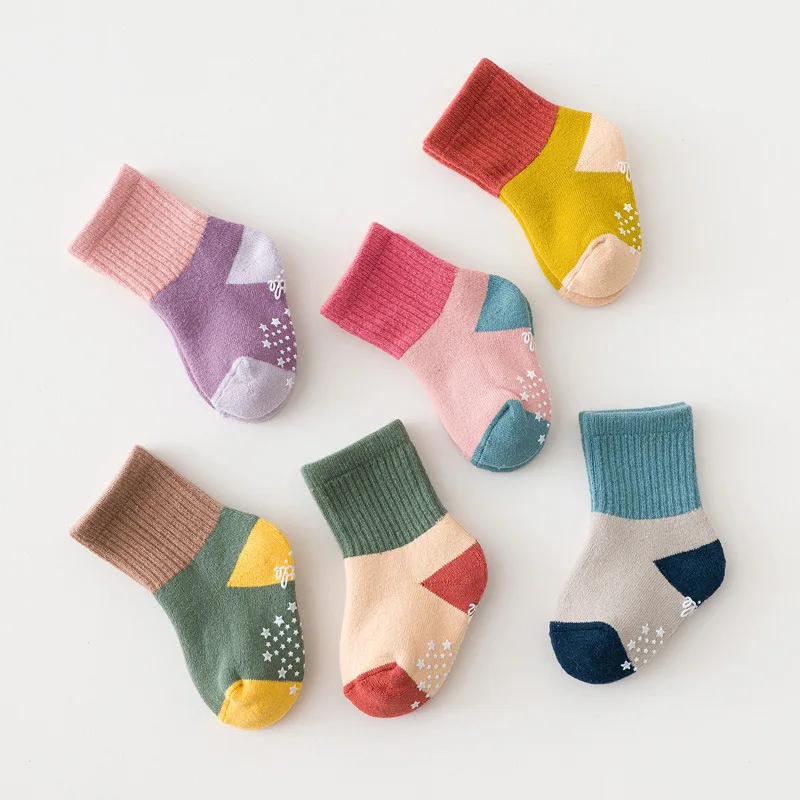 Autumn Winter Terry Warm Mid Baby Socks New Soft Patchwork Prewalker Floor Sock For Newborn Girls Boys Infant Knitting Socks