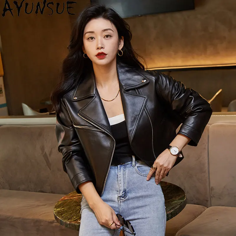 AYUNSUE Real Sheepskin Coat Womens Leather Jacket Short High Waist Genuine Leather Jackets Woman Biker Coats Casaco Feminino