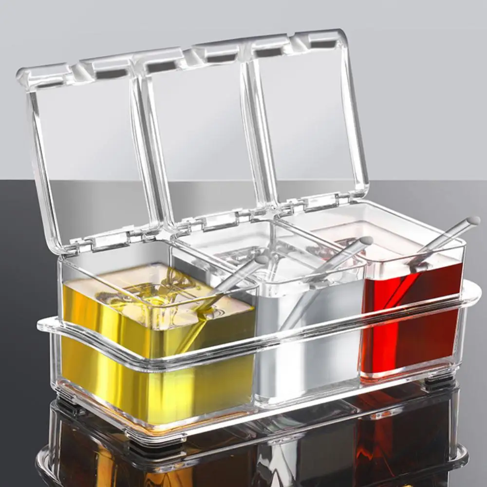 3/4 Grid Seasoning Jar with Spoon Acrylic Transparent Sugar Salt Box Kitchen Spice ContainerKitchen Organizer Storage Boxes