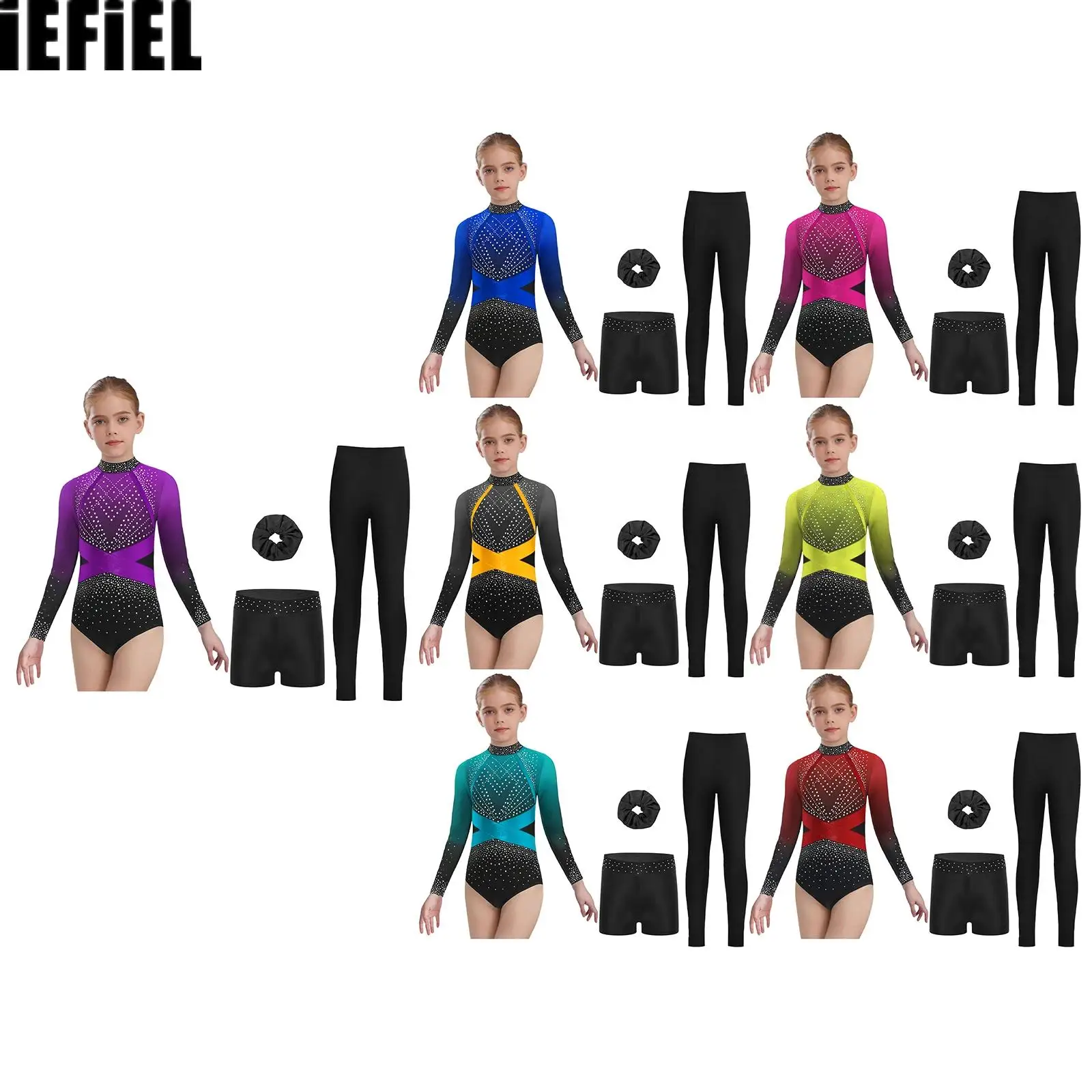 

Kids Girls Figure Skating Dance Outfit Shiny Rhinestones Color Block Leotard with Waistband Leggings And Hairband