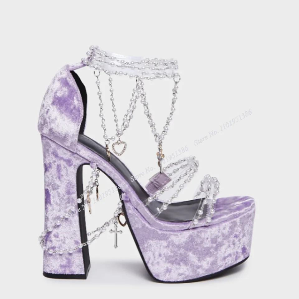 

Moraima Snc Purple Chain Decor Sandals Clear PVC Solid Chunky High Heel Shoes for Women Heels Shoes on Heels Zapatillas Mujer