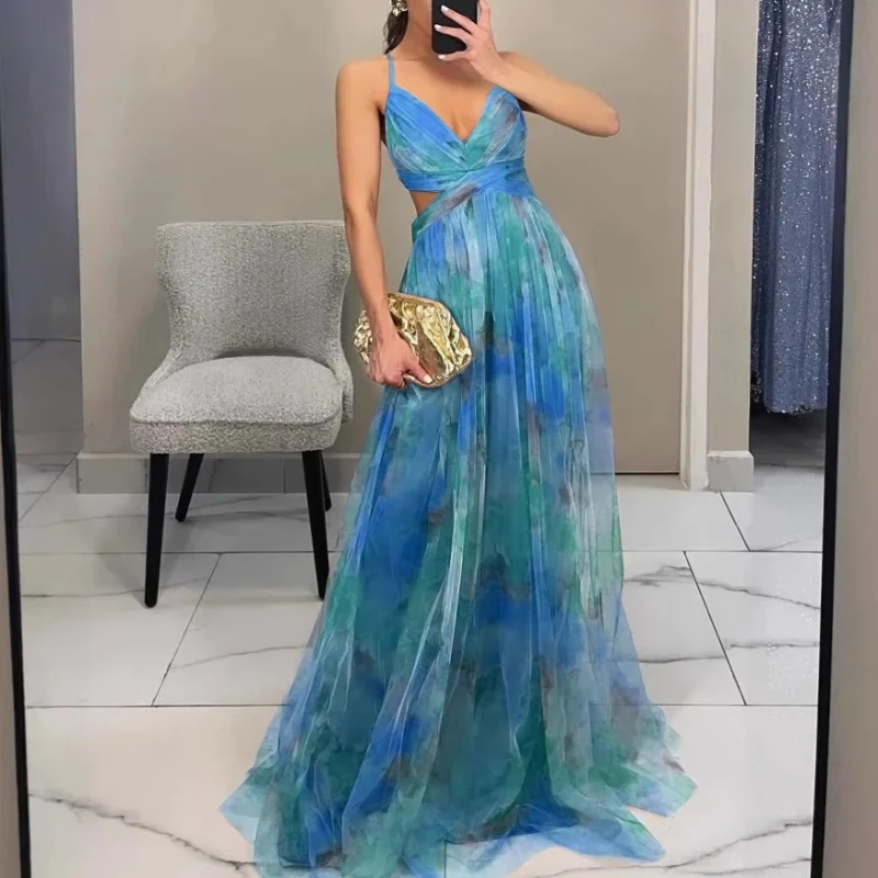 

Женское сетчатое платье с принтом и открытой спиной на тонких бретелях, летнее длинное платье без рукавов с V-образным вырезом, праздничное платье для отдыха и вечеринок