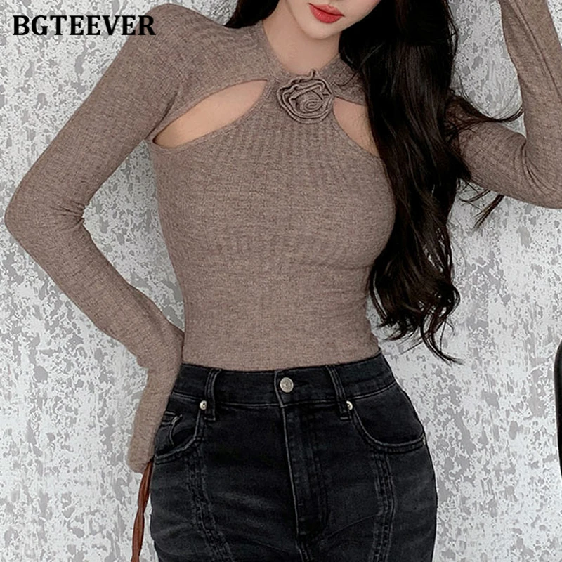 BGTEEVER Elegant Hollow Out Women Slim Knitted Pullovers Jumpers Autumn Long Sleeve Female Solid Sweaters Tops Ladies Knitwear