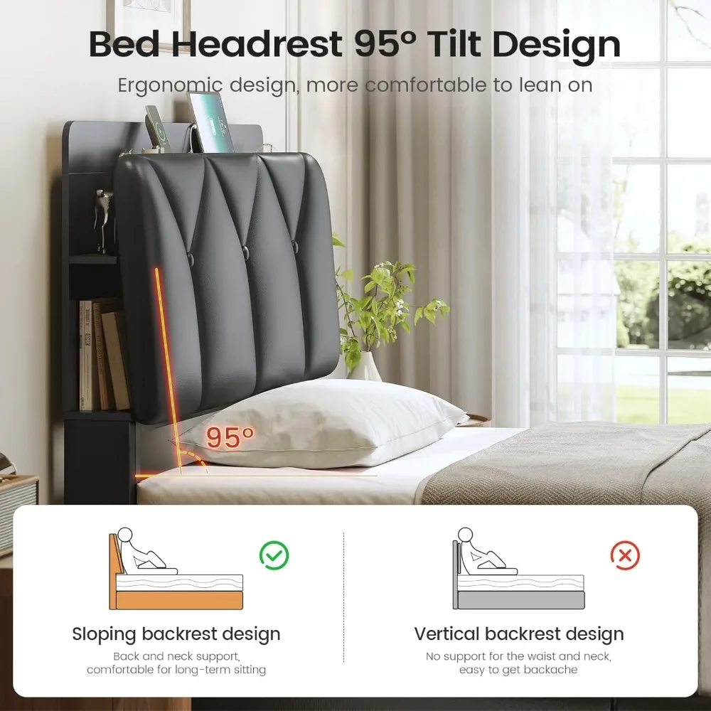 إطارات سرير مع لوح رأسي للتخزين المخفي المائل وأدراج مع قاعدة شحن، وإطار سرير منجد باللون الأسود