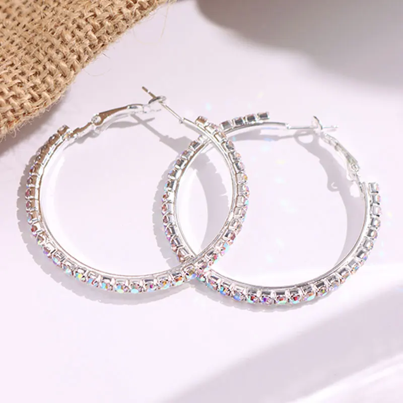 Laser Zircon Rhinestone C Shaped Hoop Earrings for Women Girl Trendy Exaggerate Shining Punk Luxury Wedding Party Accessories