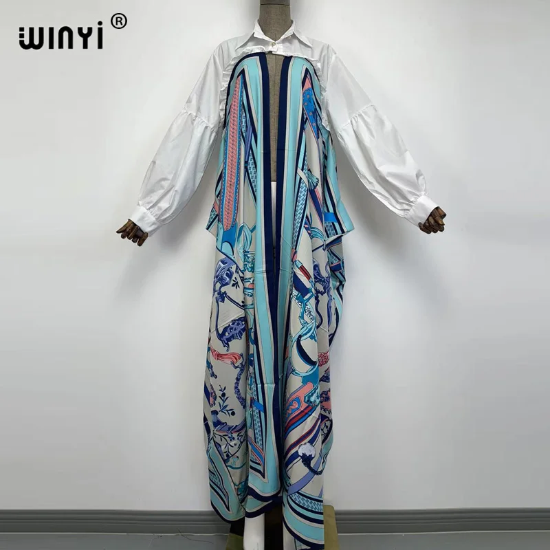 WINYI cardigan For Women Casual long Sleeve Beach Dresses Women's autumn winter Holiday Sundress fashion print Long Dress Robe