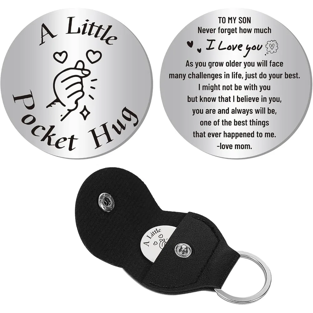 A Little Pocket Hug Token Long Distance Relationship Keepsake Stainless Steel Double Sided Inspirational Gift with PU Leather