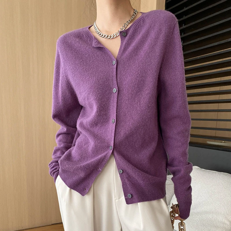 2024 Women Autumn O-Neck Single Button 100% Cashmere Cardigans Wool Fleece Sweater Purplr Green Color Women Cape Clothes Tops