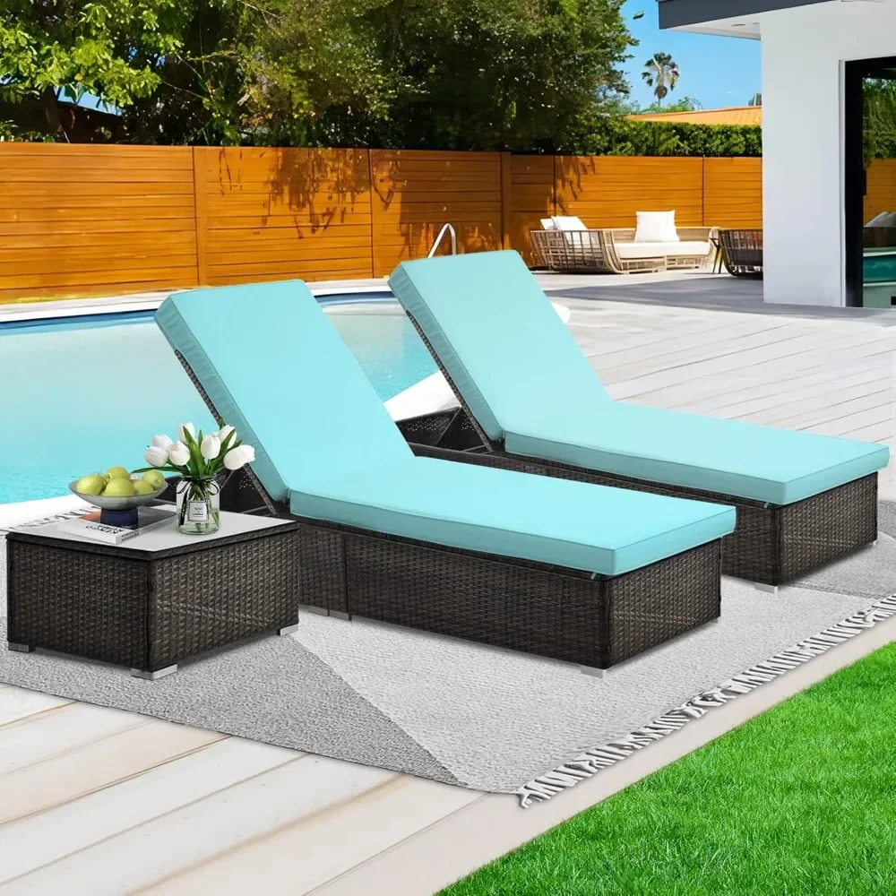 

3 Piece Wicker Chaise Lounge Set, Outdoor Lounge Recliner Chair with Backrest, Coffee Table for Garden Yard Poolside,