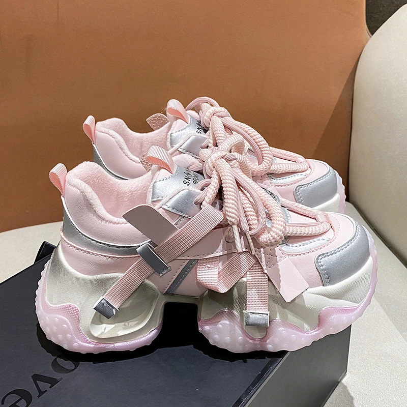 

Женские кроссовки на высокой платформе, новинка 2023 года, осенняя дышащая повседневная обувь на массивном каблуке для папы, кроссовки на толстой подошве 6 см, женские кожаные кроссовки