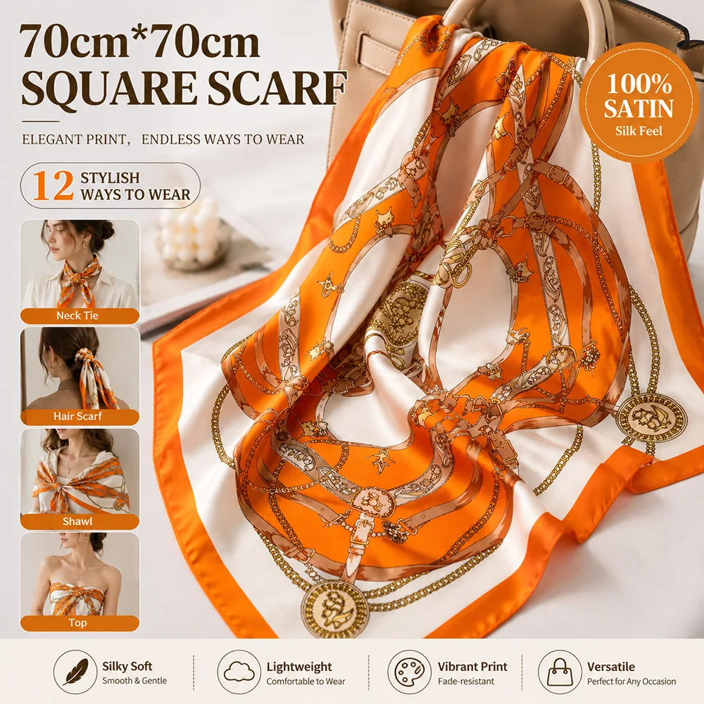 70x70cm Satin Square Scarf for Women, Silk Feeling Hair Scarf Neck Scarf Head Wrap Bandana Bag Handle Scarf Shawl