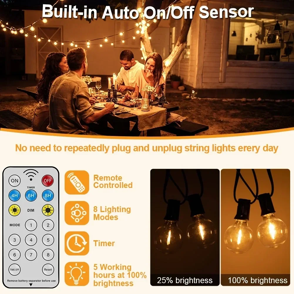Solar String Lights Outdoor Remote Shatterproof G40 Bulbs Solar Powered&USB Charging Patio Light Dimmable Waterproof for Outside