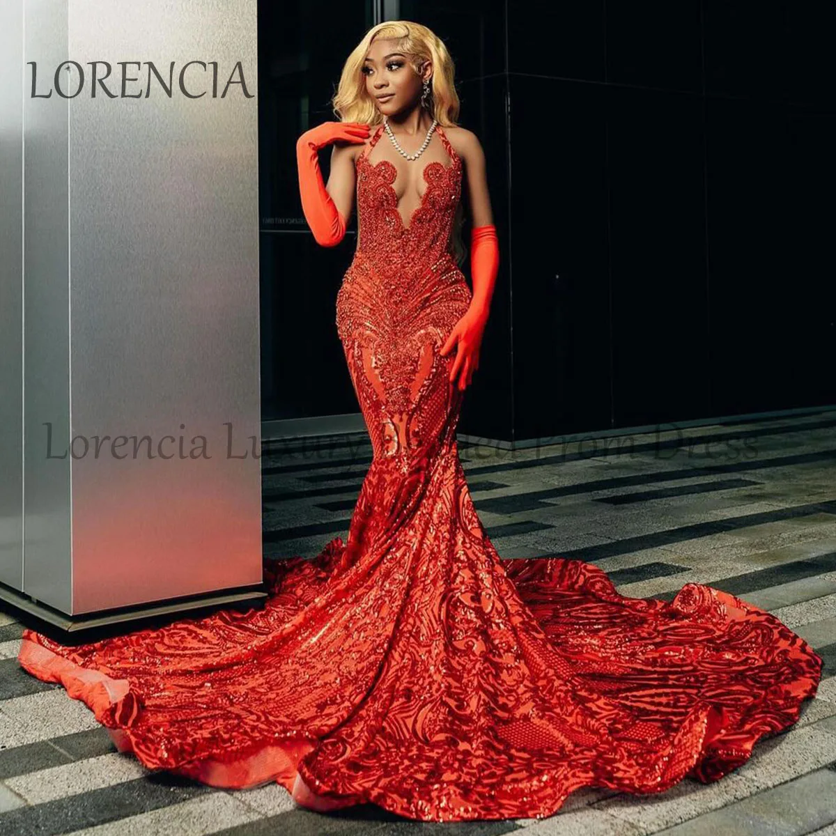 Red Diamonds Mermaid Prom Dress Black Girls 2024 Rhinestones Lace Evening Party Dresses Formal Sleeveless vestidos de gala