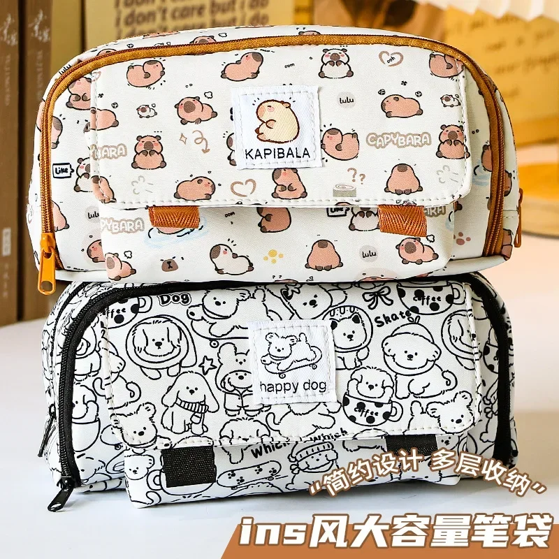 子供用カピトステーショナリーバッグ、かわいいキャンバスペンシルケース、大容量漫画ペンポーチ、多層