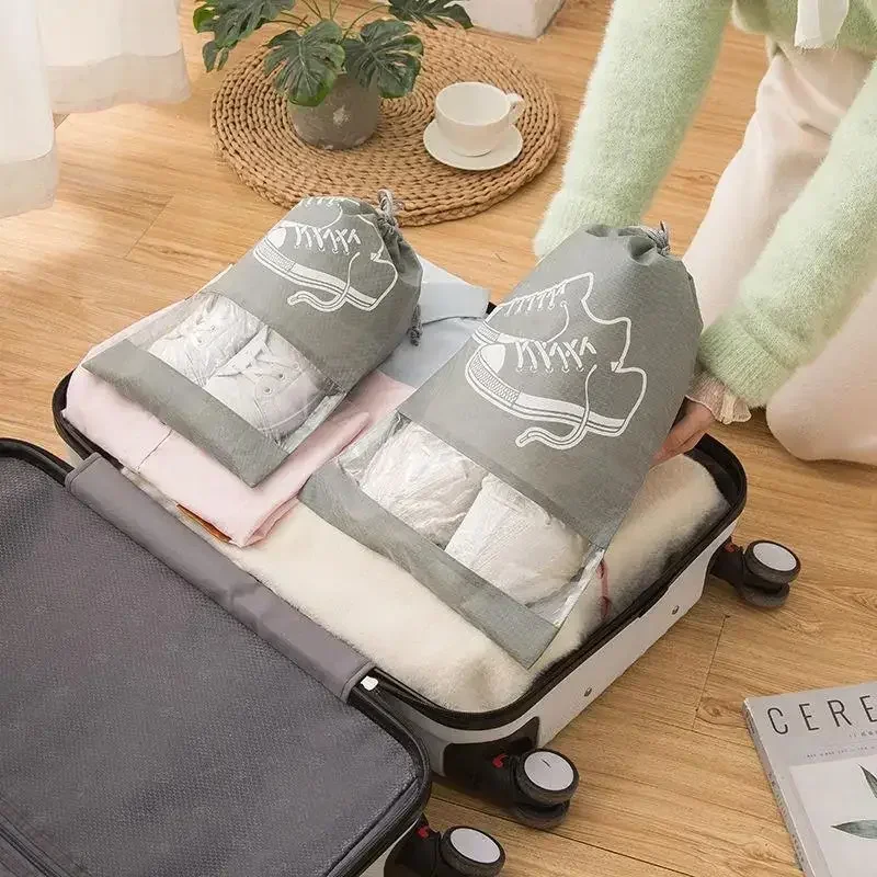 1 Pc Non-woven Shoes Bag Waterproof Dustproof Travel Bag Portable Tote Drawstring Bag For Shoes Storage Shoes Organizer New image 5