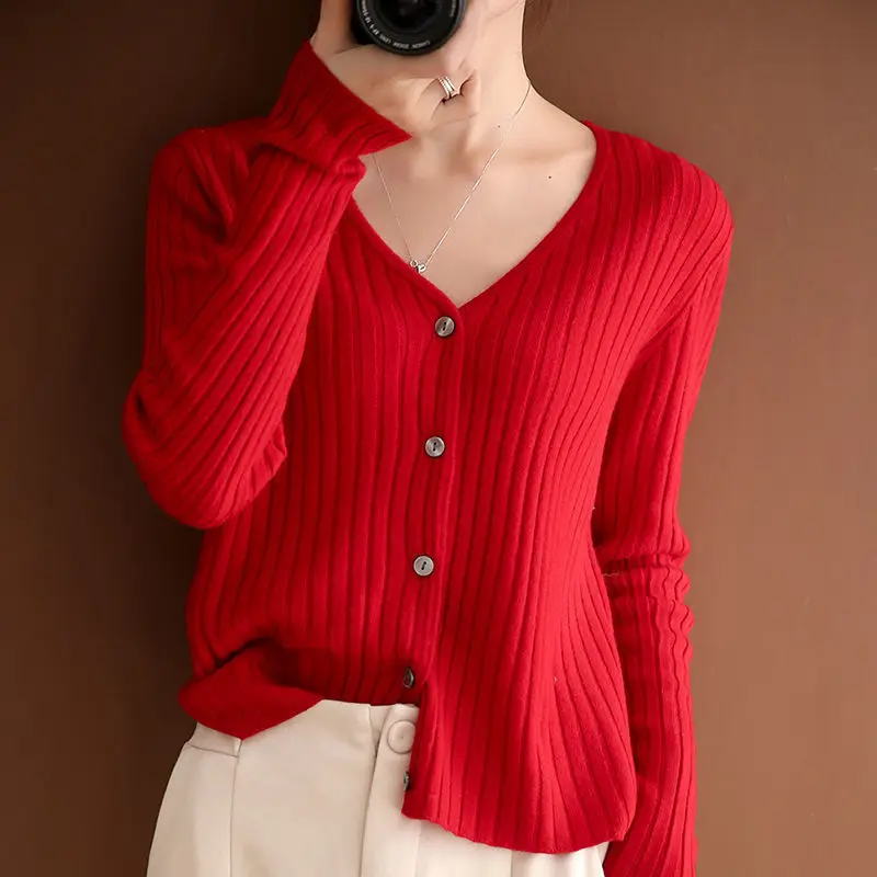 Cardigan Women Sweater Summer S-3XL Solid Simple All-match Single Breasted 10 Colors Elegant Comfortable V-neck Slim Stretchy