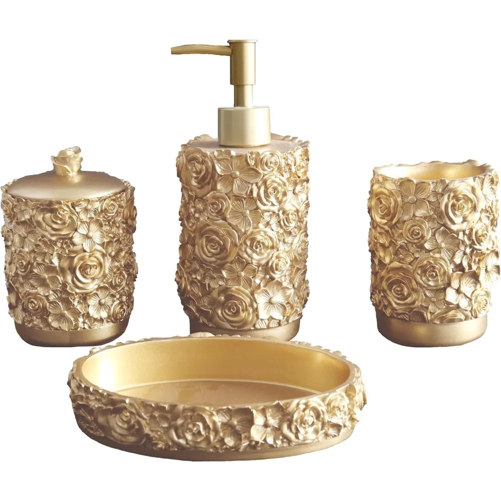 

Золотой набор аксессуаров для ванной комнаты, набор для ванной комнаты с розовым дизайном, декор для ванной комнаты в душе, подарочный набор из 4 предметов из смолы, предметы первой необходимости в квартире, con