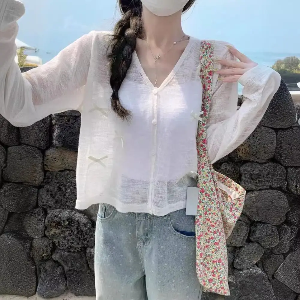 

Fashion Bowknot Sun Protection Shirt Thin Soft Knitted Cardigan Ballet Style Women Shirt for Women Girl