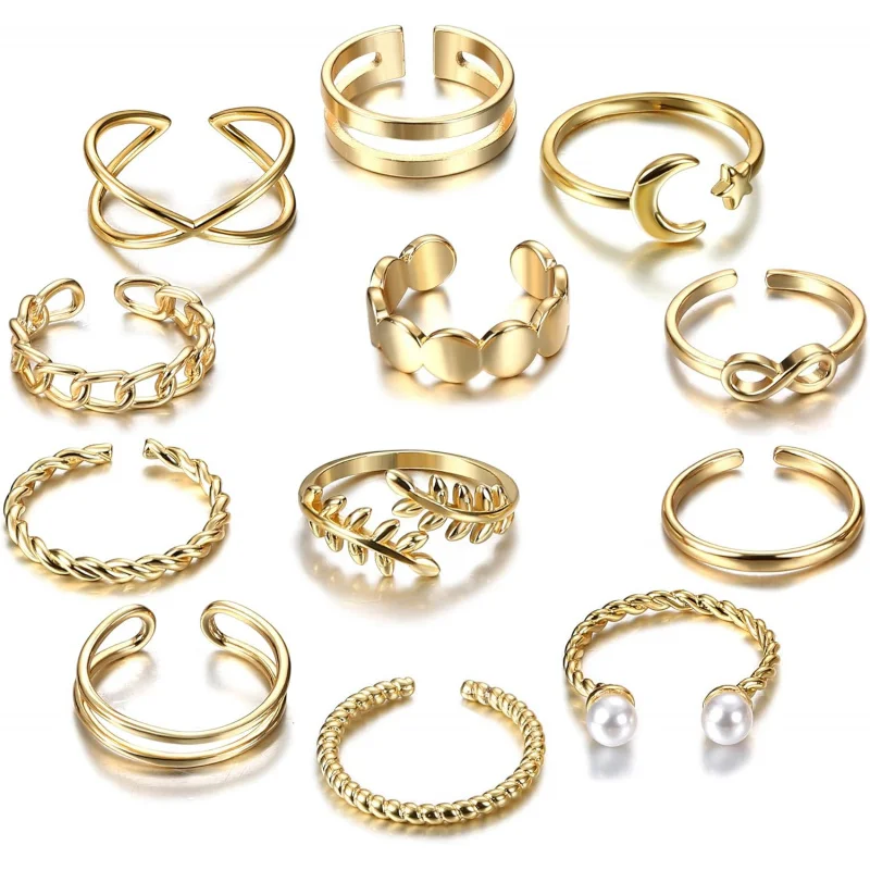 

12PCS Adjustable Knuckle Rings for Women, Gold Plated Stackable Jewelry, Dainty Design Set.