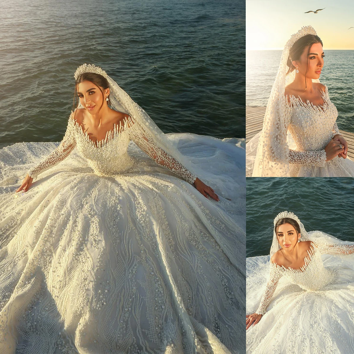 

Royal Long Sleeve Ball Gown Wedding Dresses Sexy Sequined Beading Pearls Bridal Gowns Glitter V Neck Custom Made Robe De Mariée