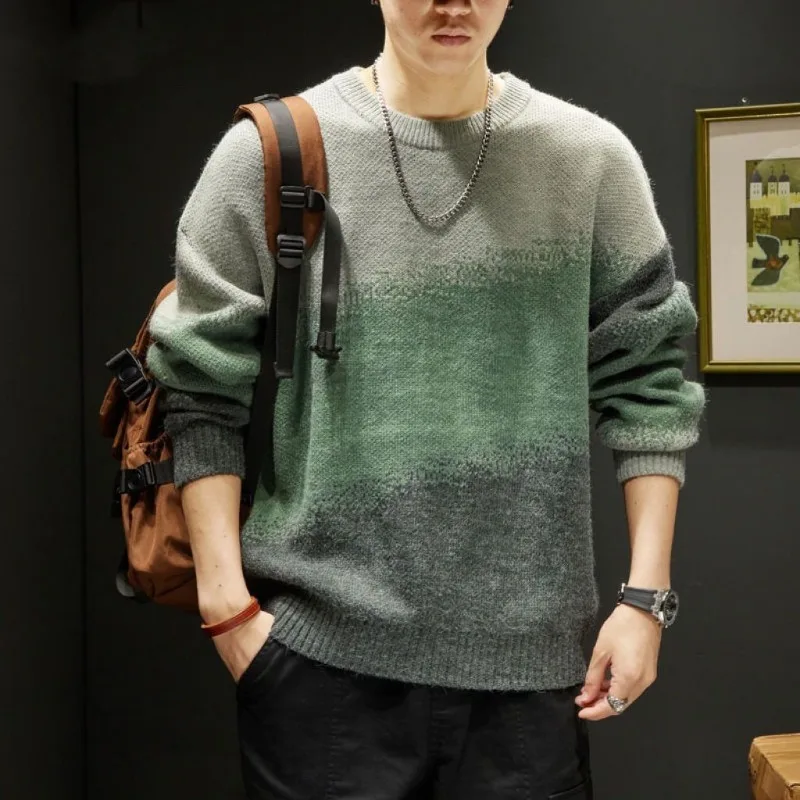 

Gradient Contrasting Color Round Neck for Men in Autumn and Winter Loose Retro Color-blocking Pullover Wool Knitted Sweater