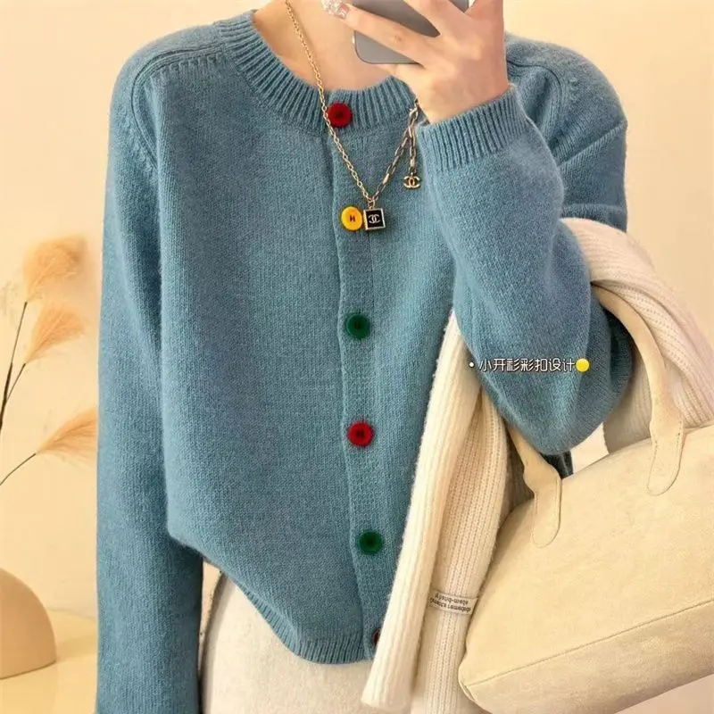 Japanese Sweet and Fresh Round Neck Colorful Button Knitwear Coat Academy Style Western Versatile Sweater Women\'s Cardigan