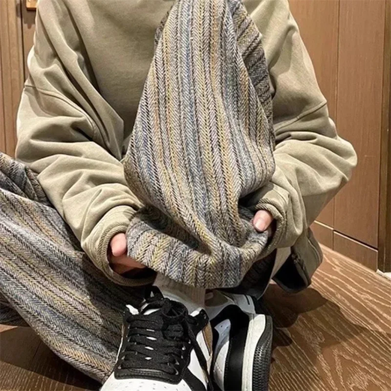 2025 New Men's Striped Woolen Straight Leg Trousers Classic Y2K Vintage Baggy Pants Casual High Street Fashion Gym Sweatpants