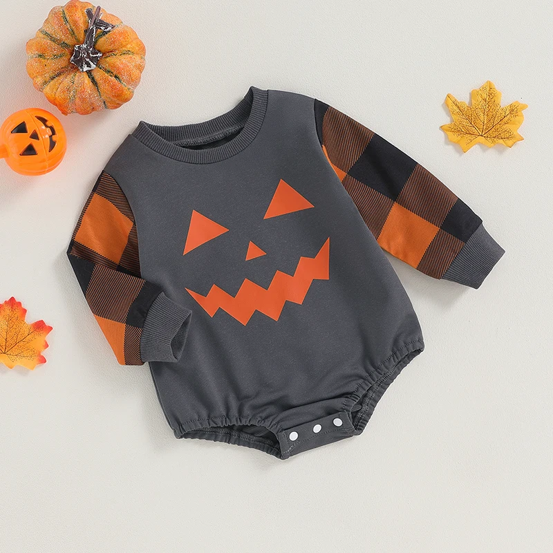 

Infant Toddler Halloween Costume Jumpsuit Striped Long Sleeve Crew Neck Ghost Print Playsuit Baby Outfit for Fall