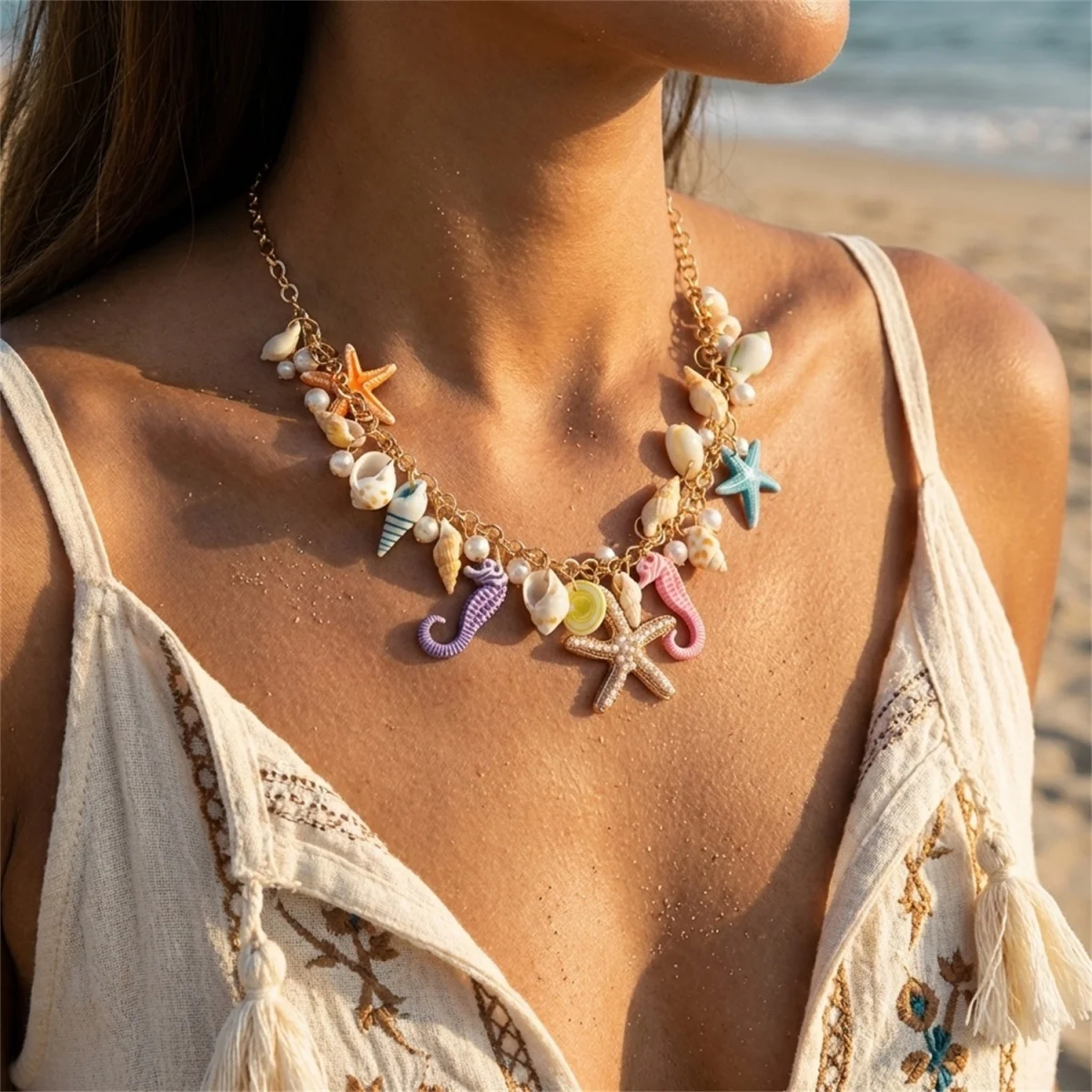 Sommerliche, extravagante, farbenfrohe Anhänger-Halskette mit Seestern, Muschel und Seepferdchen aus Kunstharz für Damen und Herren, Ozean- und Strandmotiv, Meerestier-Choker-Schmuck – Detail 12
