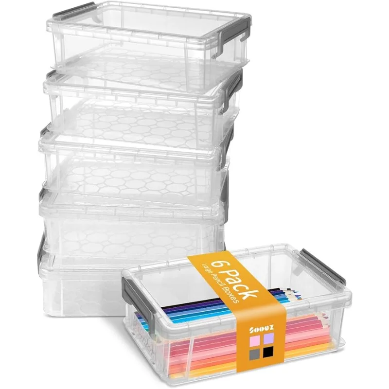 

6 Pack Extra Large Pencil Box, Plastic Pencil Case Crayon Box, Clear Marker Organizer Plastic Containers with Lid, Stackable Sto